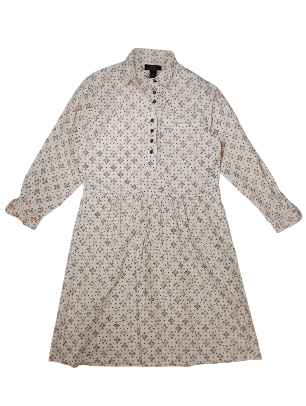 Vintage Eddie Bauer Women's Cream Floral Button-Front Long Sleeve Dress - M